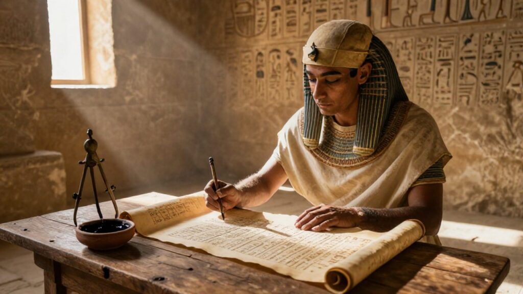 Escriba egipcio trabajando con geometría en un papiro dentro de un templo iluminado por el sol.