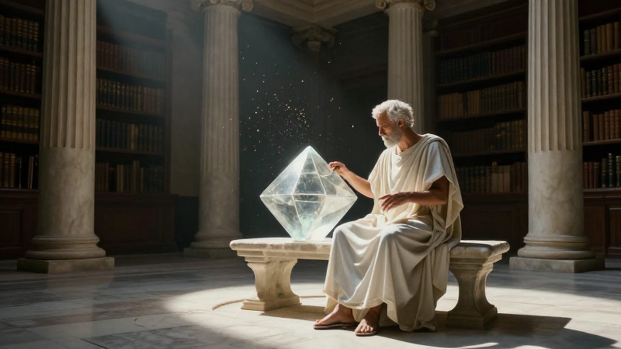 Filósofo griego con túnica blanca estudia un sólido de cristal brillante entre columnas de mármol.