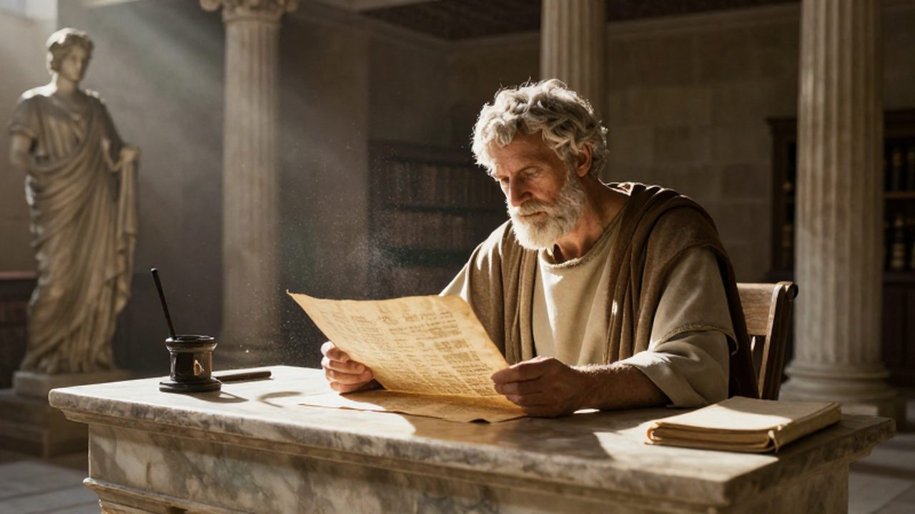 Filósofo griego estudiando un pergamino antiguo en una biblioteca de columnas de mármol.