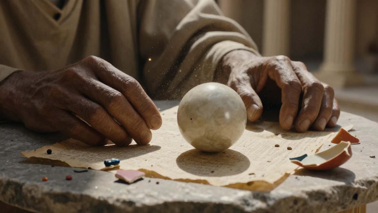 Manos de madera de cedro junto a una esfera de mármol y fragmentos de cerámica.