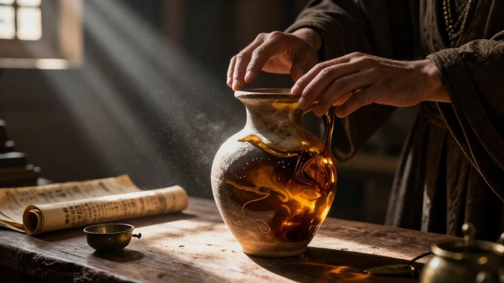 Alquimista trabajando con un líquido dorado brillante dentro de una vasija de barro en un laboratorio antiguo.