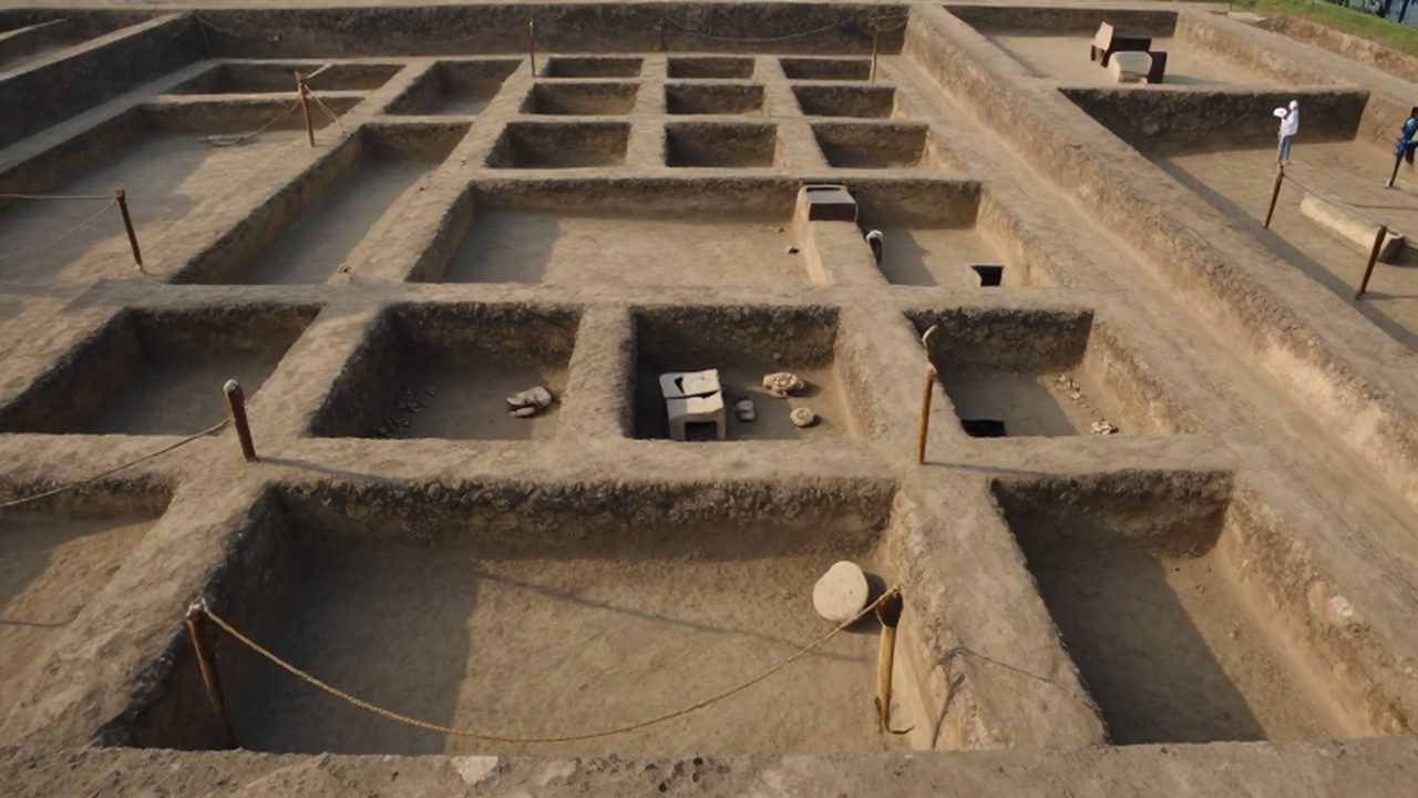 Vista aérea de una excavación arqueológica con cuadrículas de tierra y restos de ruinas antiguas.
