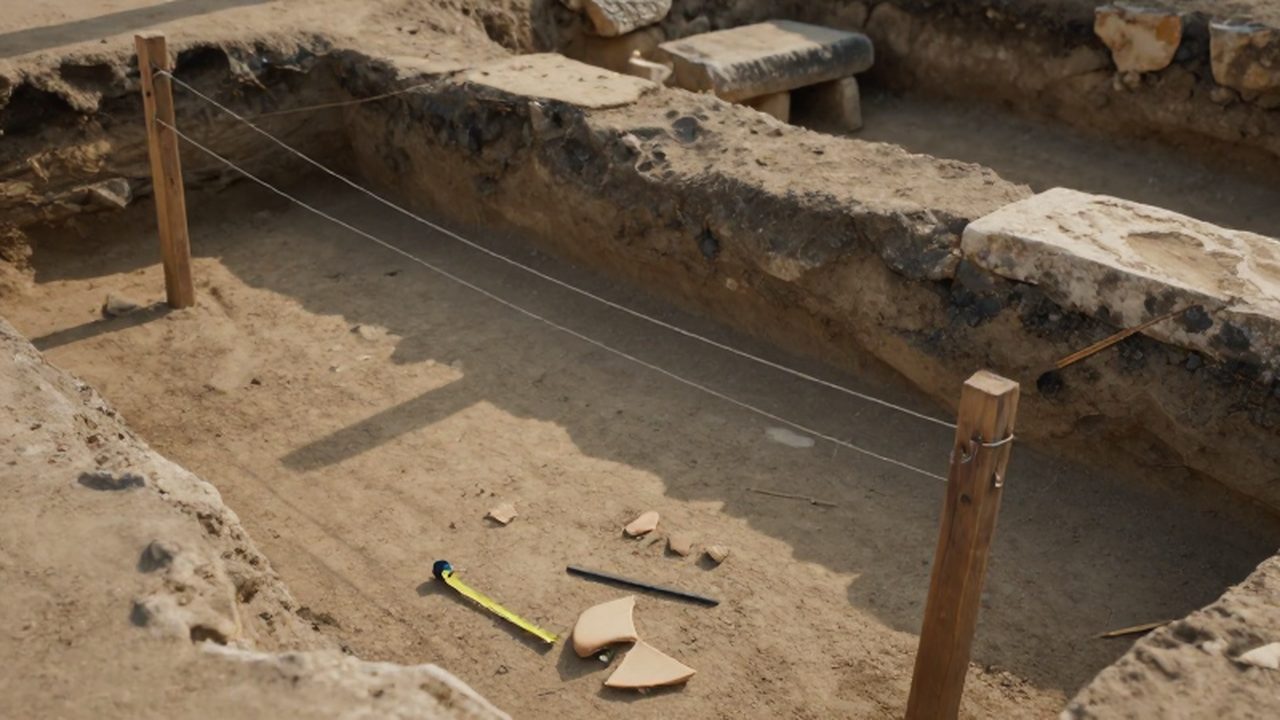 Ruinas de piedra antiguas y fragmentos de cerámica esparcidos entre cuerdas y herramientas en una excavación arqueológica.