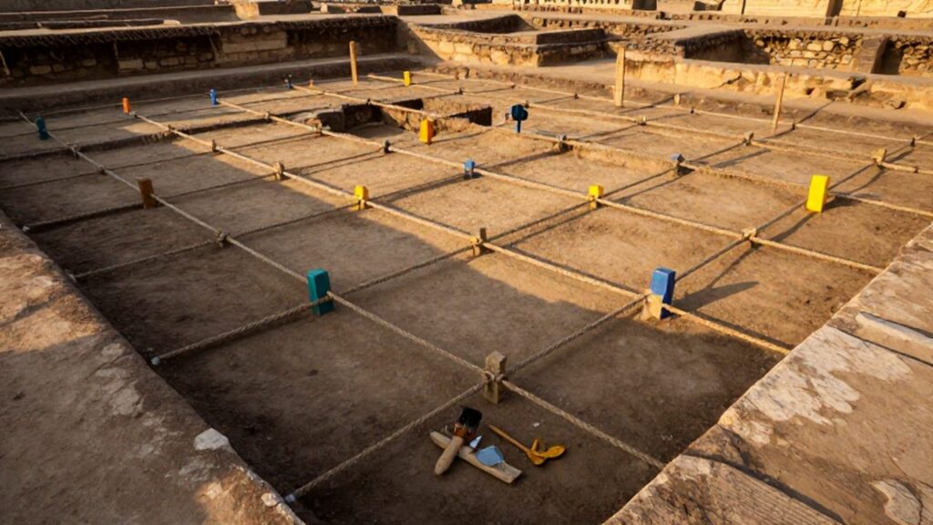 Excavación arqueológica organizada con cuadrícula de cuerdas sobre ruinas de piedra bajo la luz del atardecer.