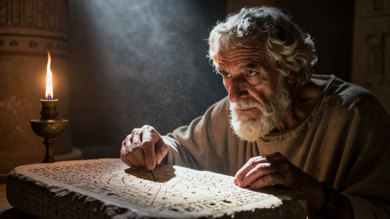 Astrónomo babilonio con piel curtida estudia una tablilla de arcilla con inscripciones cuneiformes bajo la luz de una lámpara.