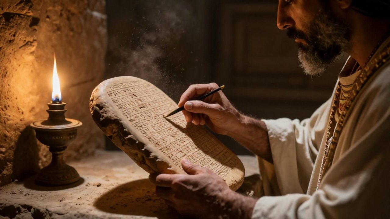 Sacerdote mesopotámico estudiando una tablilla de arcilla con inscripciones cuneiformes bajo la luz de una lámpara.