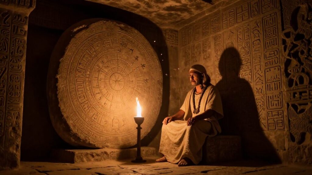 Sacerdote maya sentado frente a una losa de piedra con glifos en una cámara iluminada por una antorcha.