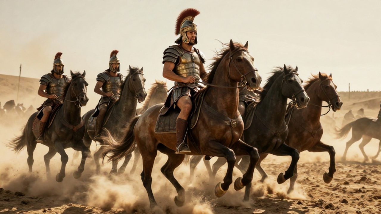 Alejandro Magno lidera una carga de caballería macedonia en el campo de batalla de Gaugamela.