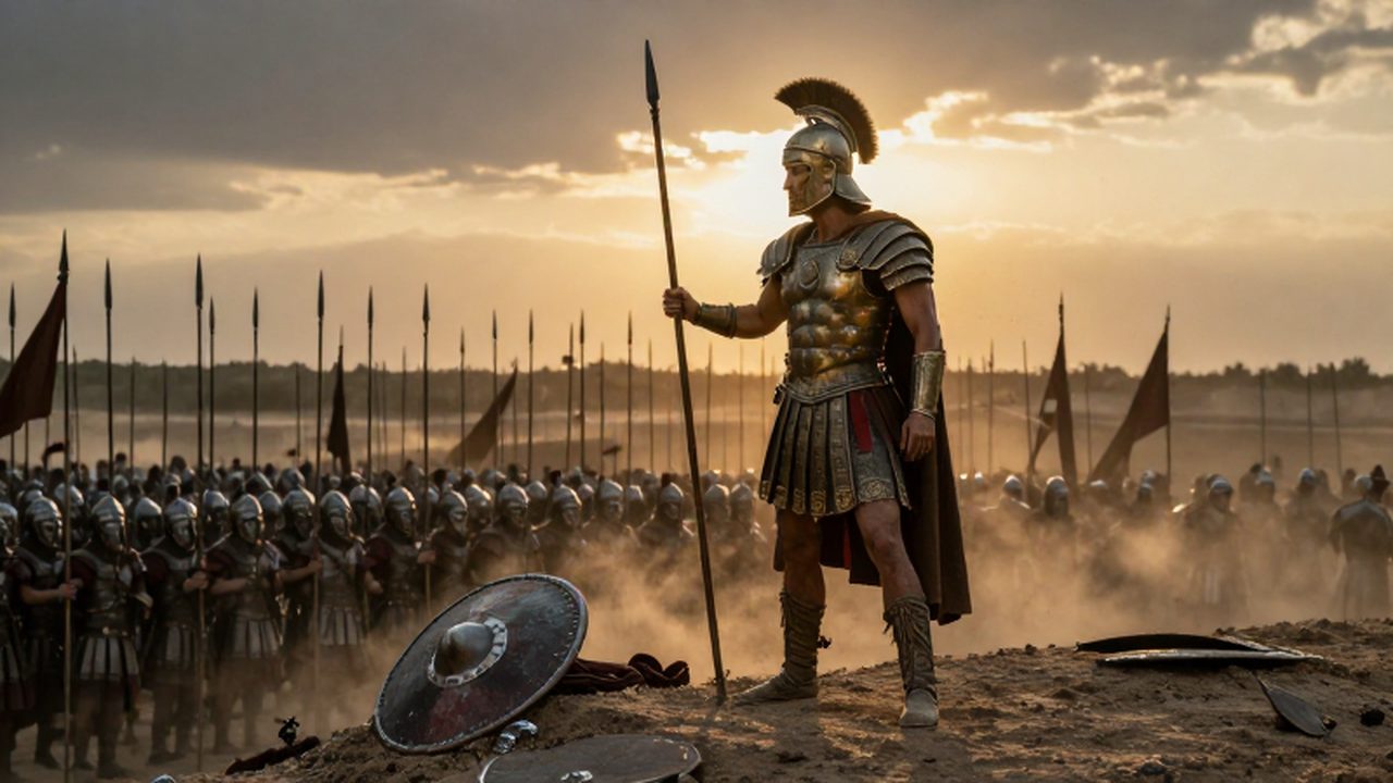 Alejandro Magno observa desde una colina las falanges macedonias bajo un atardecer en el campo de batalla.
