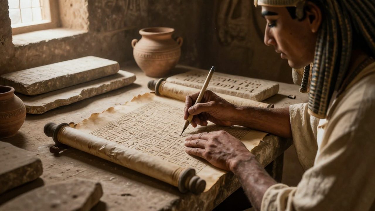 Escriba egipcio concentrado tallando jeroglíficos en un pergamino de papiro sobre un escritorio de piedra.