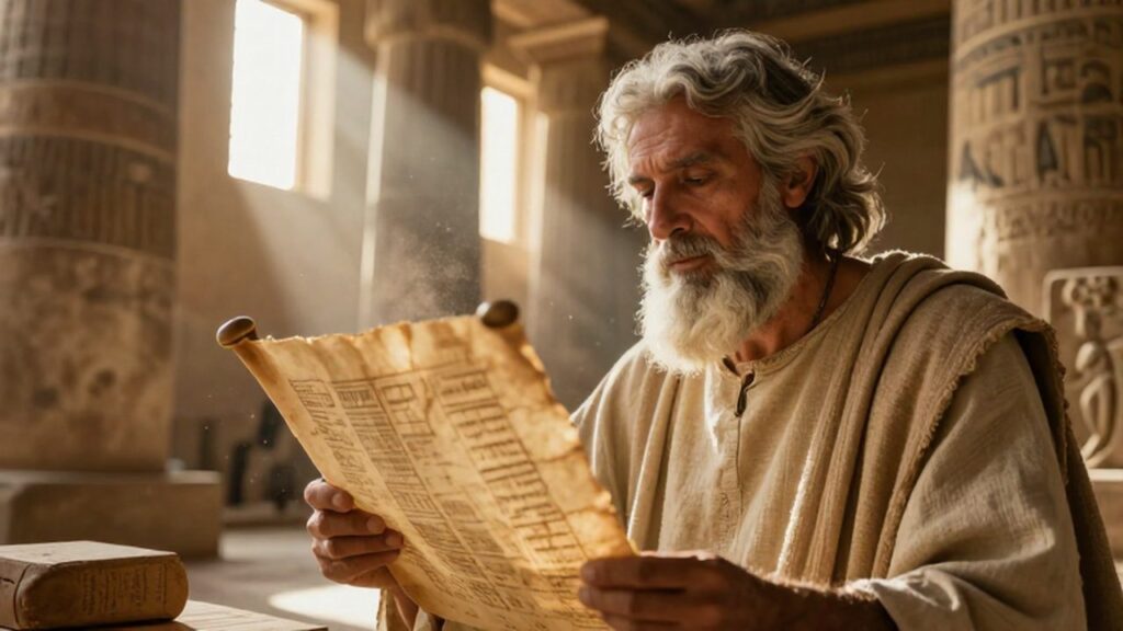 Un sabio erudito egipcio estudia un papiro antiguo en una biblioteca iluminada por el sol.