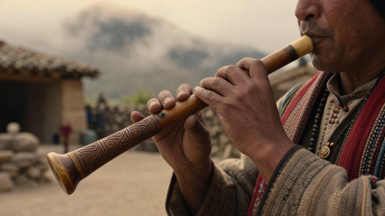 Músico inca tocando una flauta de madera tallada bajo la luz dorada de los Andes.