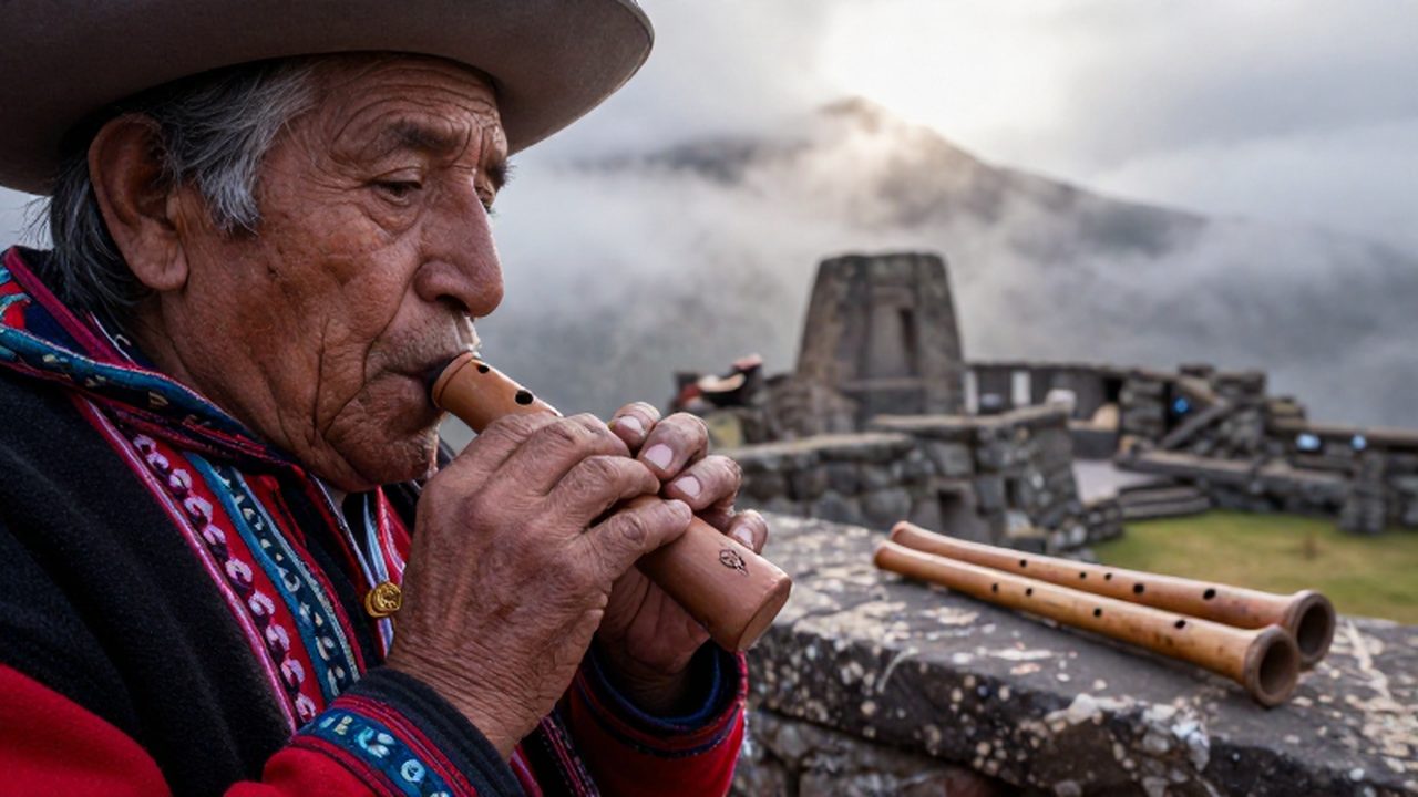 Músico andino con vestimenta tradicional tocando una ocarina de barro entre ruinas incas neblinosas.