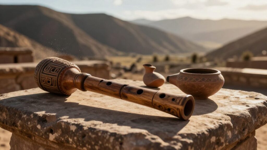 Flauta de madera y ocarina de terracota sobre un altar de piedra andina.