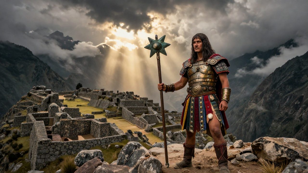 Guerrero inca con maza de bronce vigilando una ciudadela de piedra entre montañas andinas.