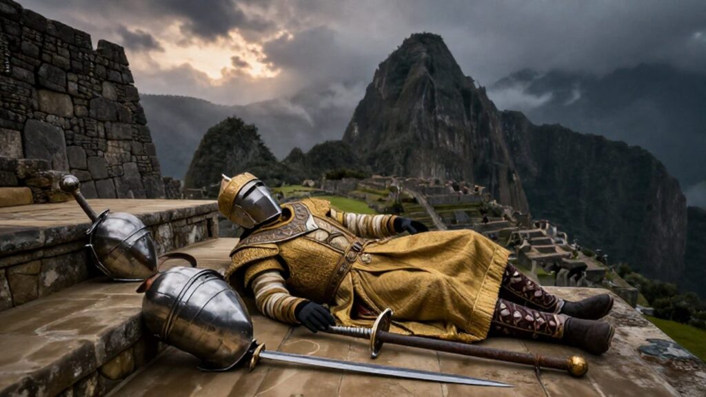 Emperador inca caído entre armaduras españolas y restos de combate bajo un cielo tormentoso andino.
