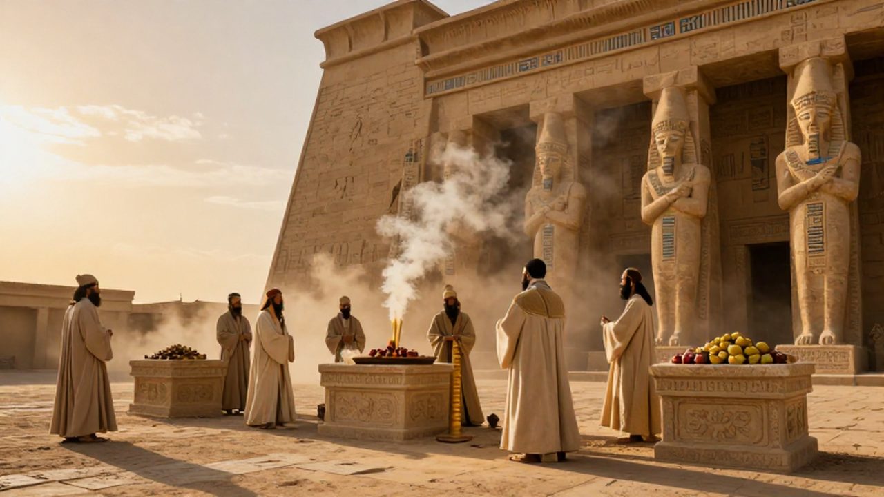 Sacerdotes mesopotámicos realizan un ritual con incienso sobre un zigurat al atardecer.