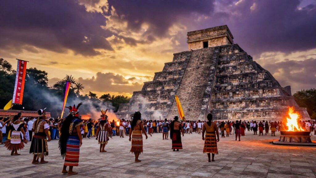 Multitud con trajes de plumas en un festival maya frente a una pirámide al atardecer.