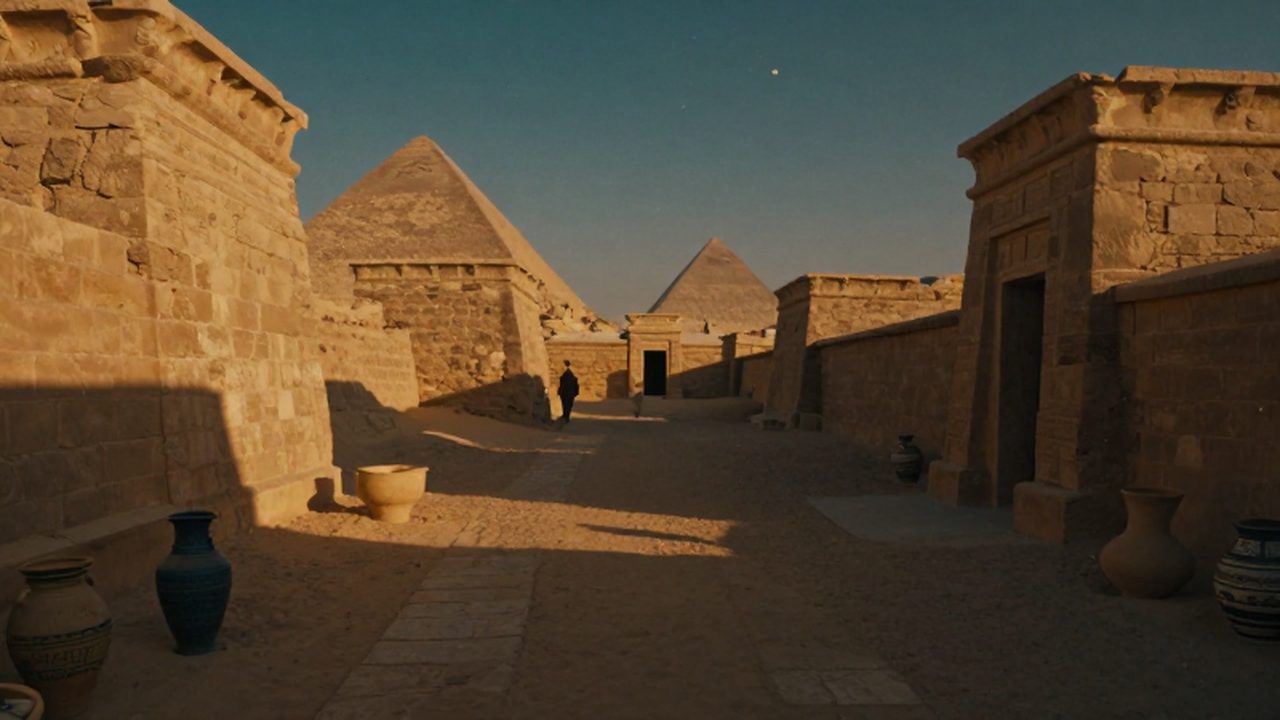 Un escriba camina entre tumbas y pirámides de un antiguo cementerio egipcio al atardecer.