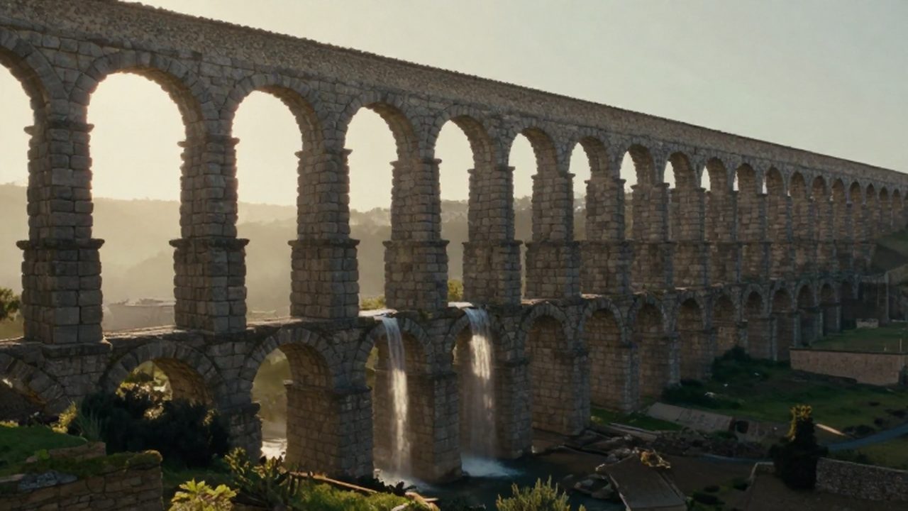 Imponente acueducto romano de piedra que atraviesa un valle verde bajo la luz del amanecer.