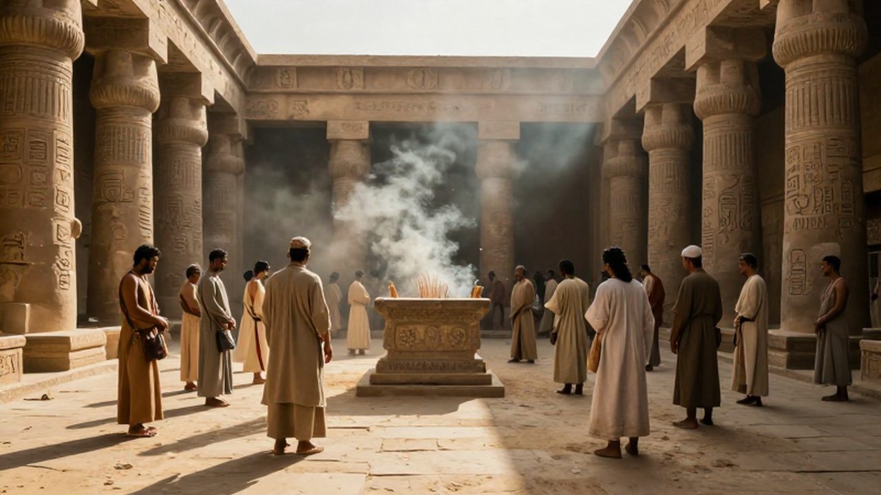 Multitud de personas reunidas ante un altar de piedra en el patio de un templo antiguo.