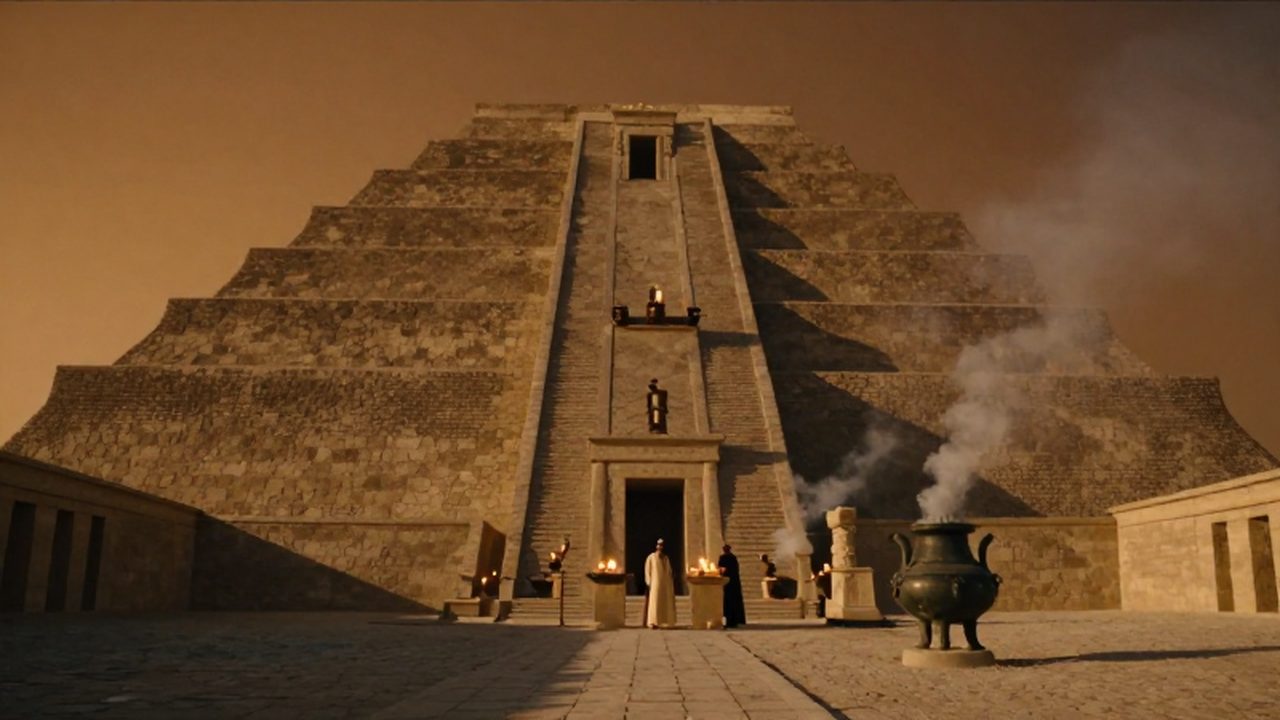 Sacerdotes realizan un ritual con incienso frente a un gran zigurat mesopotámico al atardecer.
