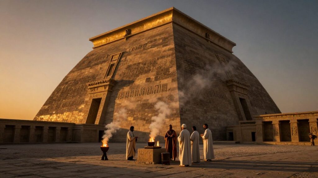 Sacerdotes con túnicas de lino realizan un ritual frente a un zigurat mesopotámico al atardecer.