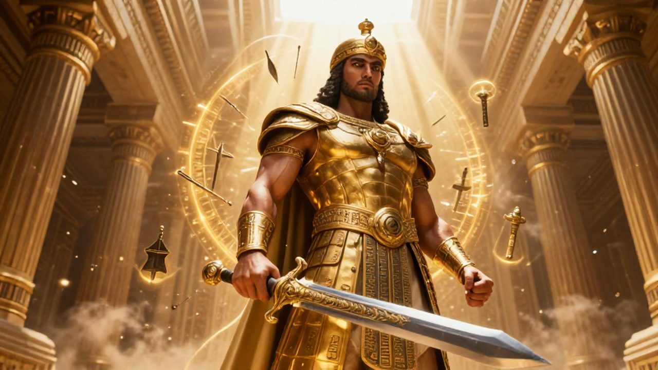 Gilgamesh con armadura dorada y espada de bronce rodeado de armas mágicas en un palacio mesopotámico.