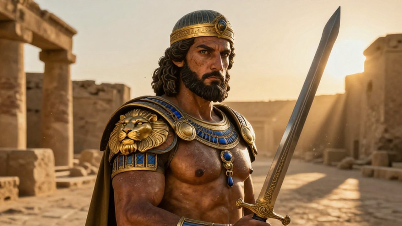 Retrato del rey Gilgamesh con armadura de león frente a las ruinas de Uruk al atardecer.