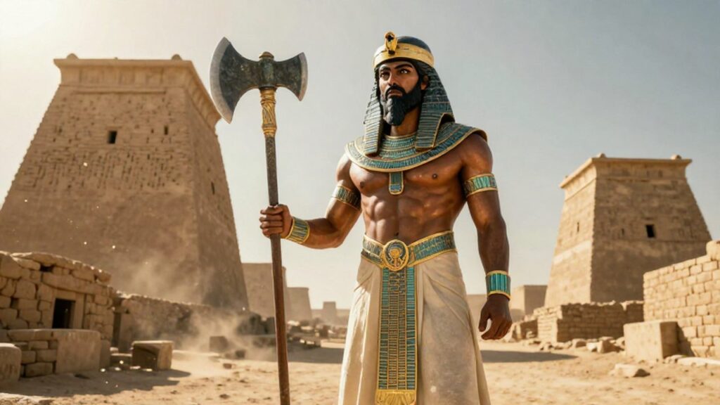 El rey Gilgamesh con un hacha de bronce frente a los zigurats de Uruk.