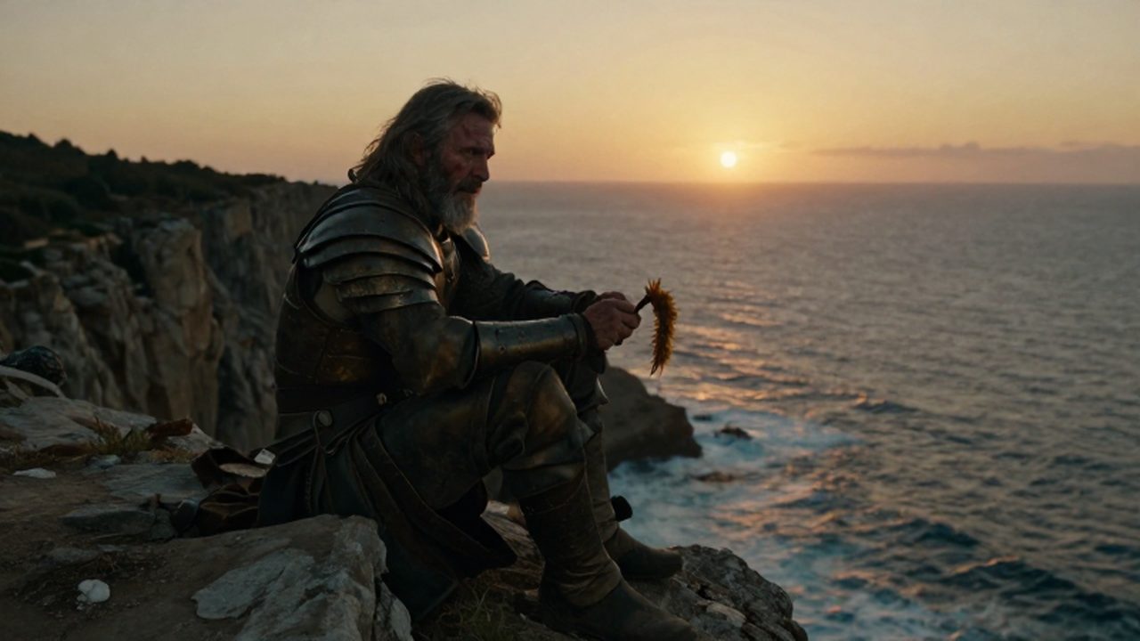 Jason, un héroe anciano con armadura desgastada, contempla el mar con un fragmento del vellocino dorado.