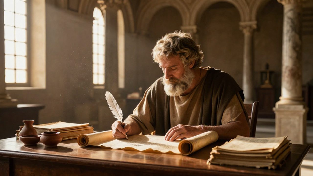 Un erudito romano escribe en un pergamino sobre un escritorio de madera en una biblioteca clásica.