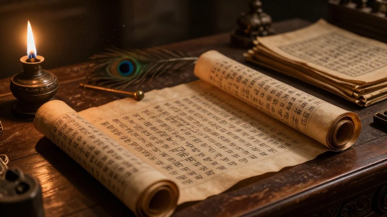 Escritorio de un erudito con pergaminos con caligrafía sánscrita iluminados por una lámpara de aceite.