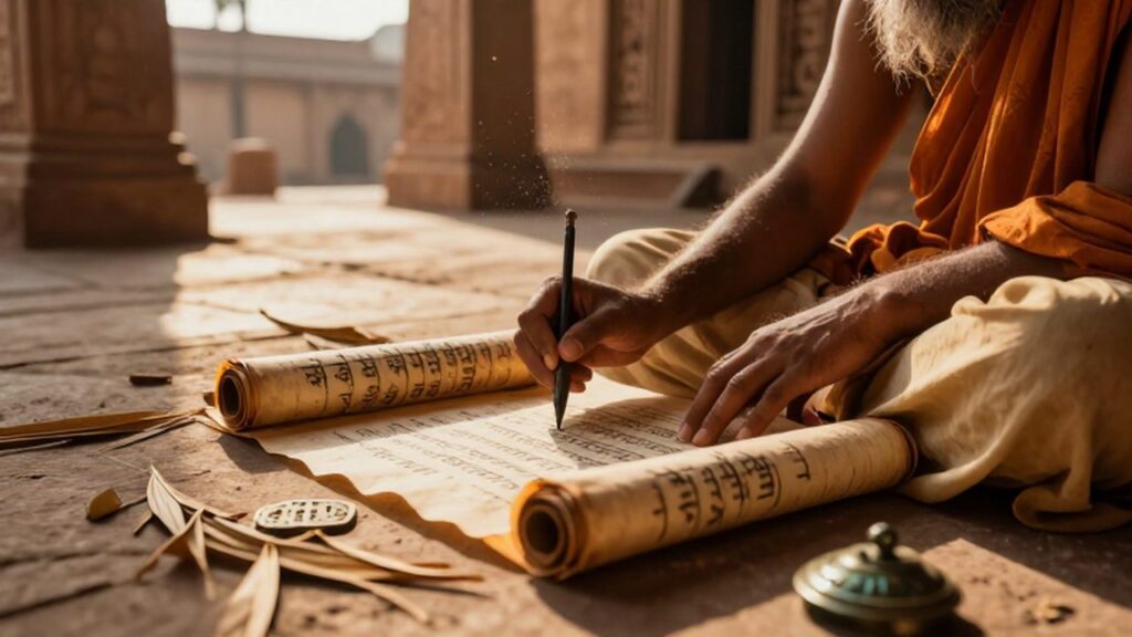 Erudito védico escribiendo caracteres sánscritos sobre pergaminos de corteza de abedul en un templo solar.