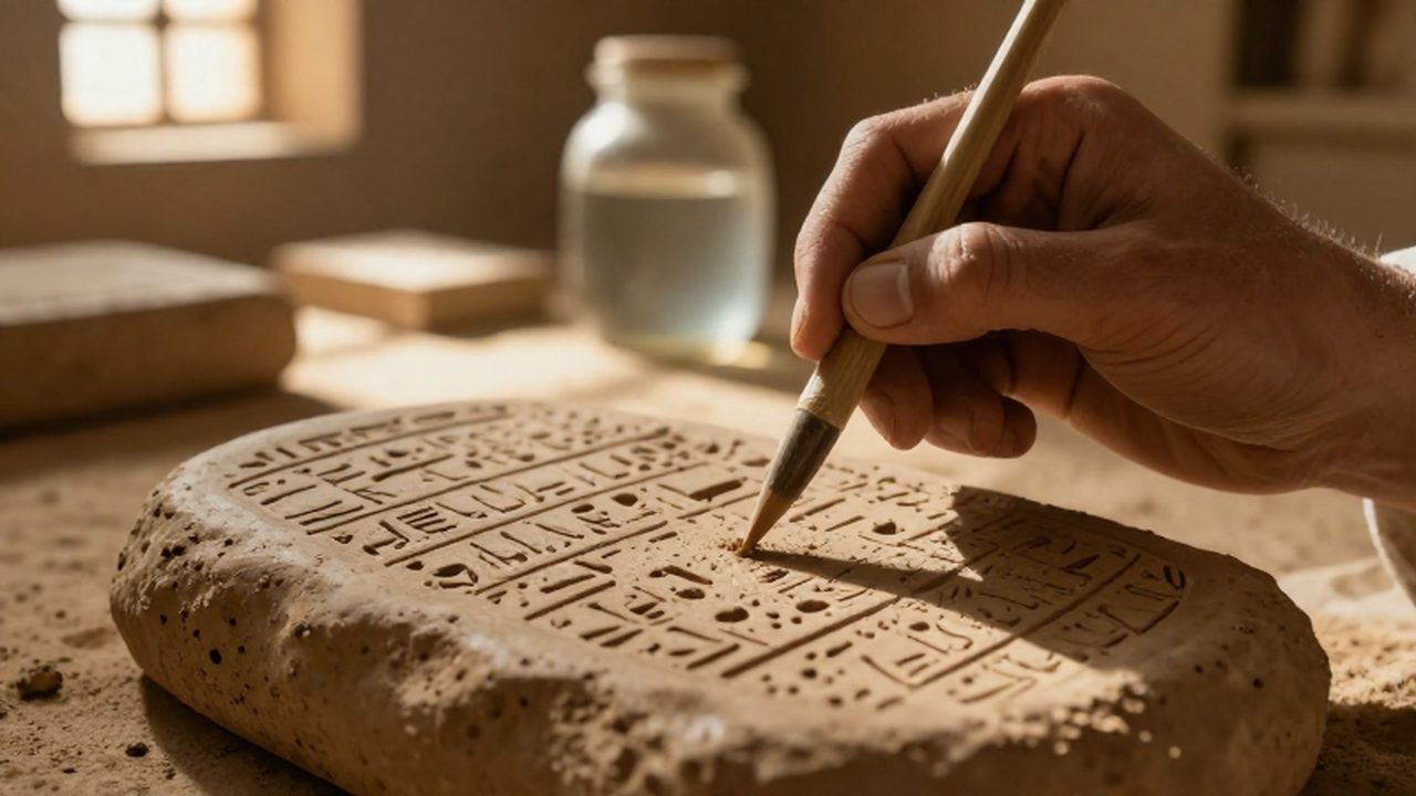 Mano de un escriba sumerio grabando símbolos cuneiformes en una tablilla de arcilla húmeda.