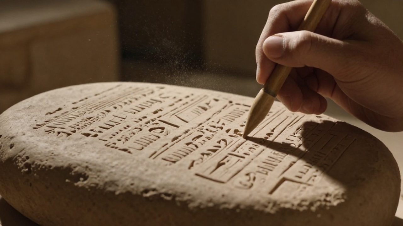 Mano de un escriba mesopotámico grabando caracteres cuneiformes en una tablilla de arcilla húmeda.