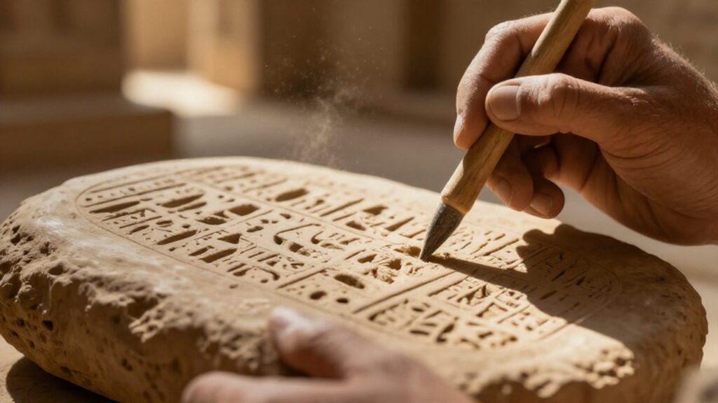 Manos de un escriba sumerio grabando caracteres cuneiformes en una tablilla de arcilla.