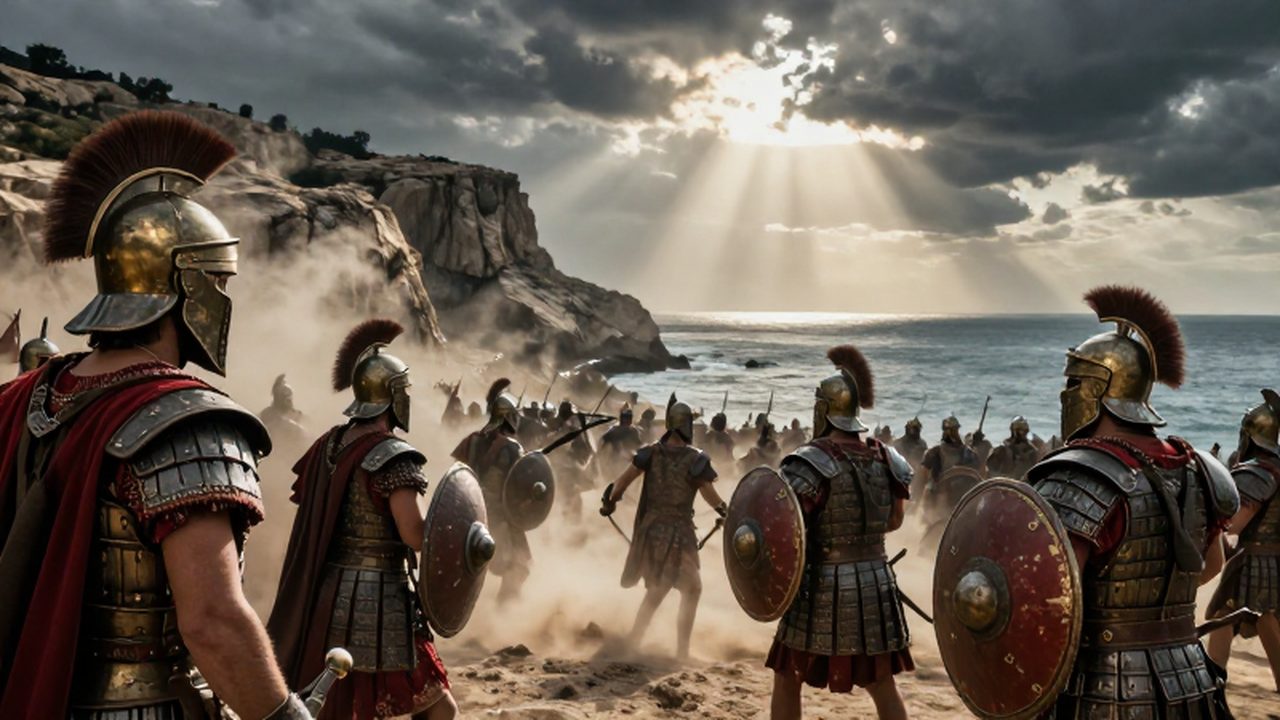 Batalla épica entre infantería persa y hoplitas griegos en una escarpada costa del mar Egeo.