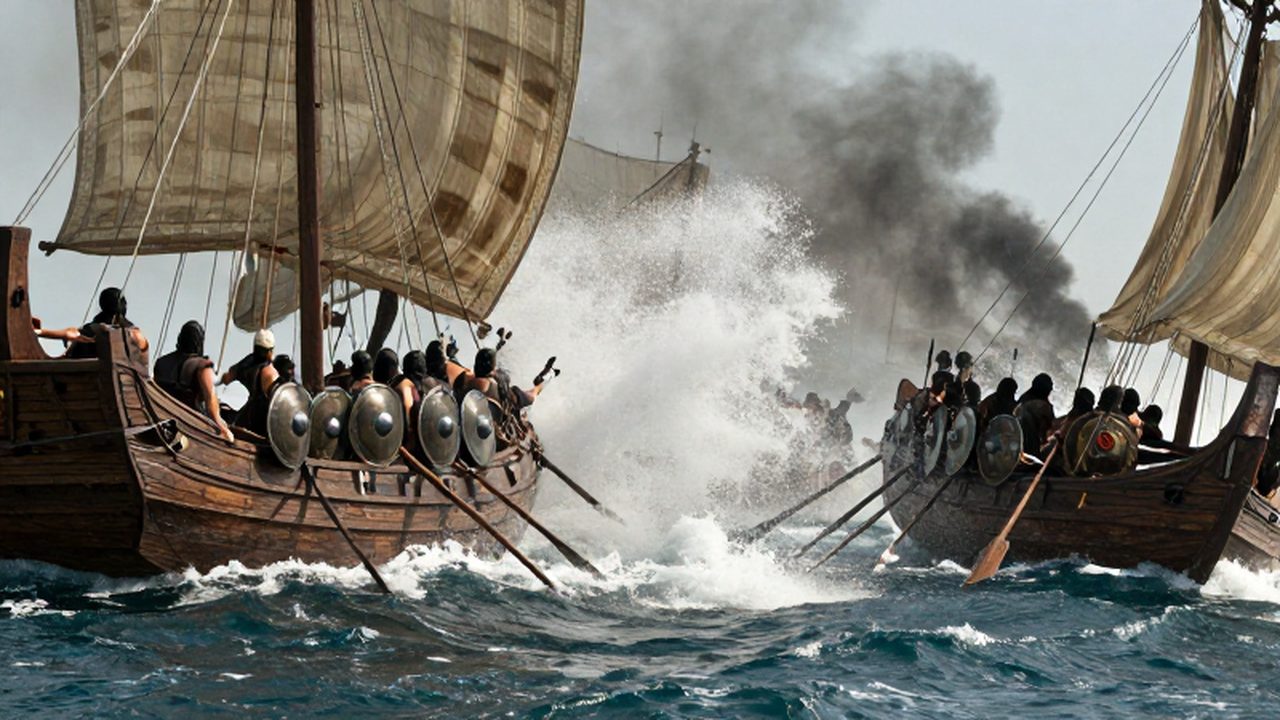 Batalla naval entre naves de madera de la flota persa y trirremes griegos en el mar.