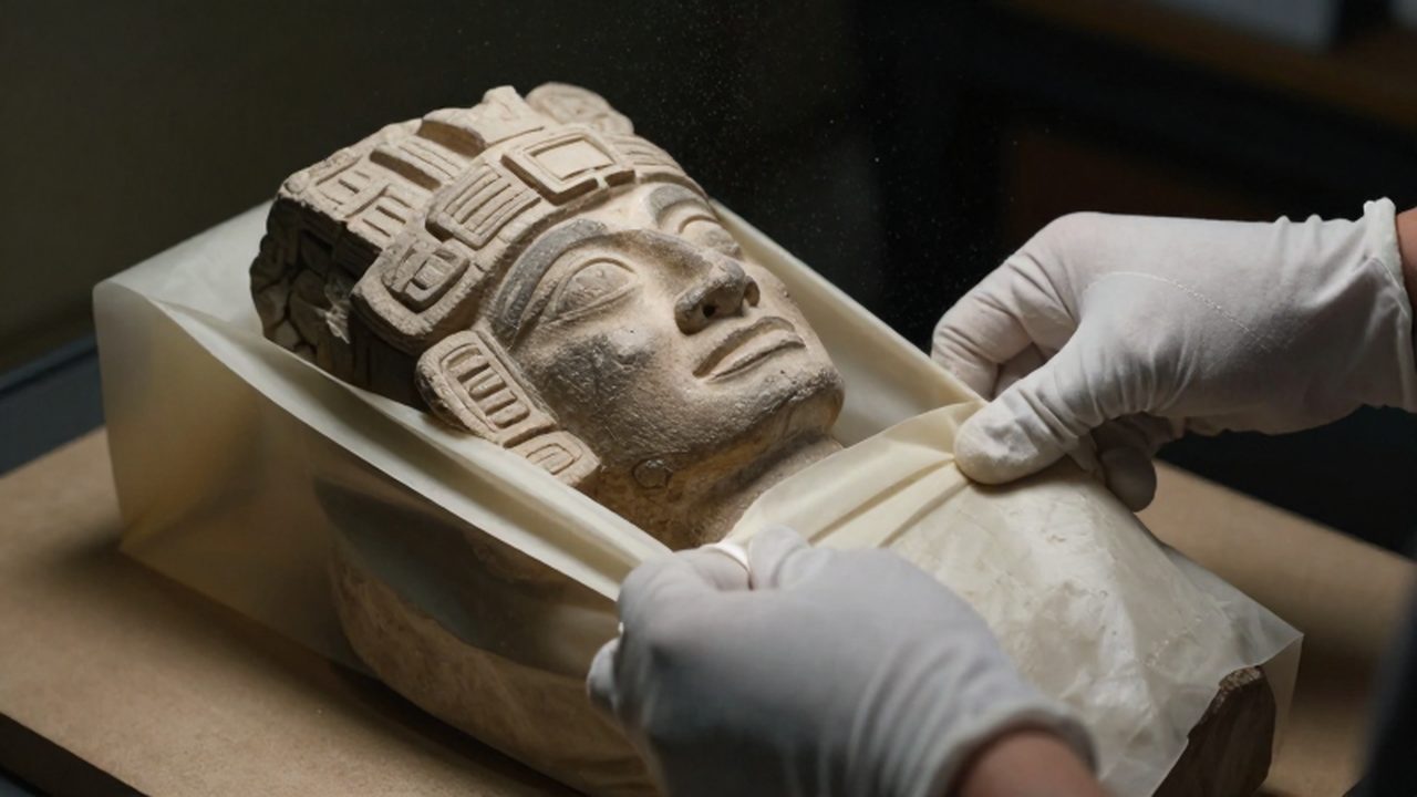 Un conservador con guantes blancos manipula con cuidado una estatua de basalto de una deidad mesoamericana.