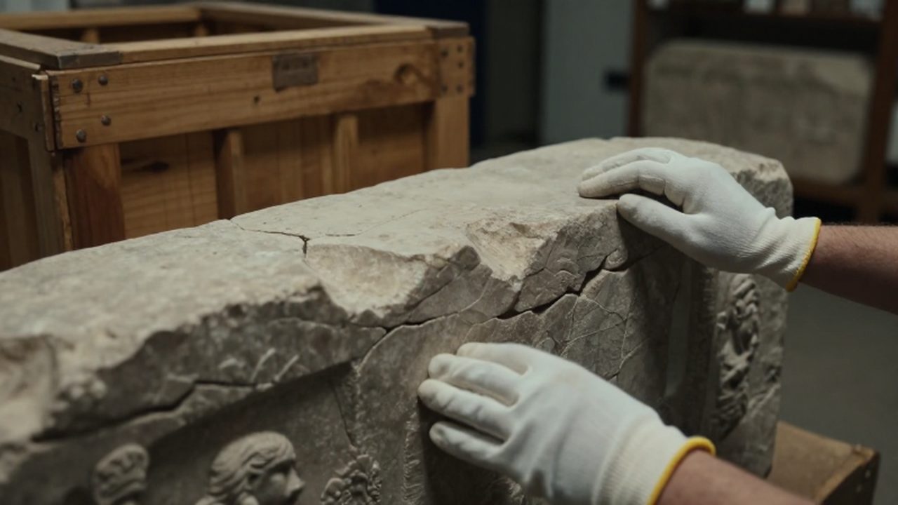 Conservadores con guantes blancos manipulan un relieve de piedra caliza antigua en un almacén de museo.