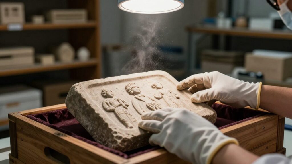 Manos con guantes colocan con cuidado un relieve de piedra antigua en un estuche de madera.