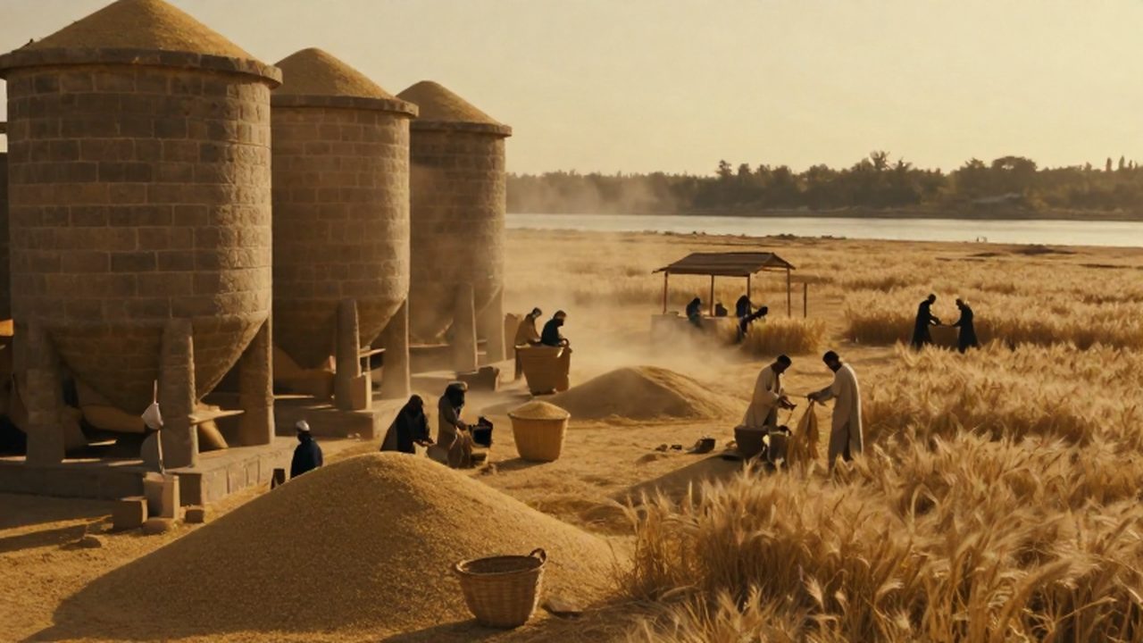 Campesinos cosechan trigo en un valle de Mesopotamia rodeado de enormes silos de piedra.