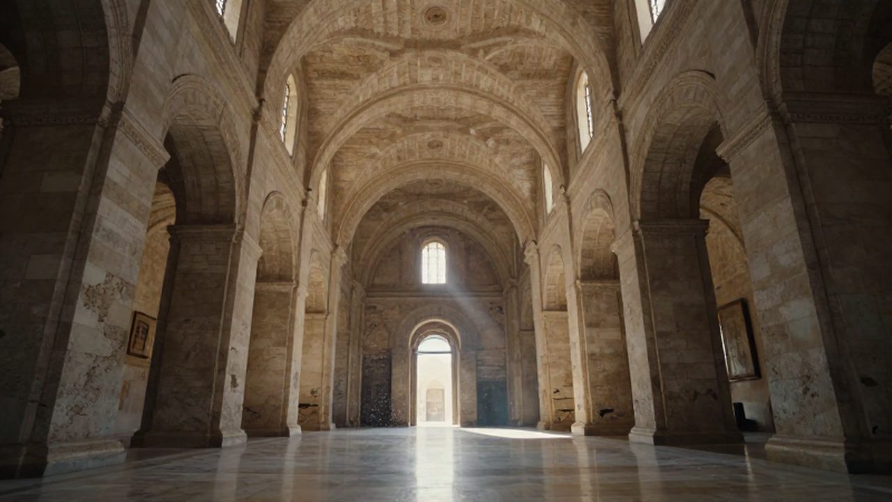 Vasto salón romano con grandes bóvedas de piedra y luz solar filtrándose por ventanales altos.