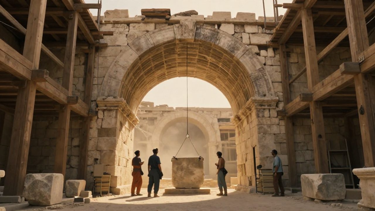 Arquitectos romanos supervisan la construcción de un gran arco de piedra rodeado de andamios de madera.
