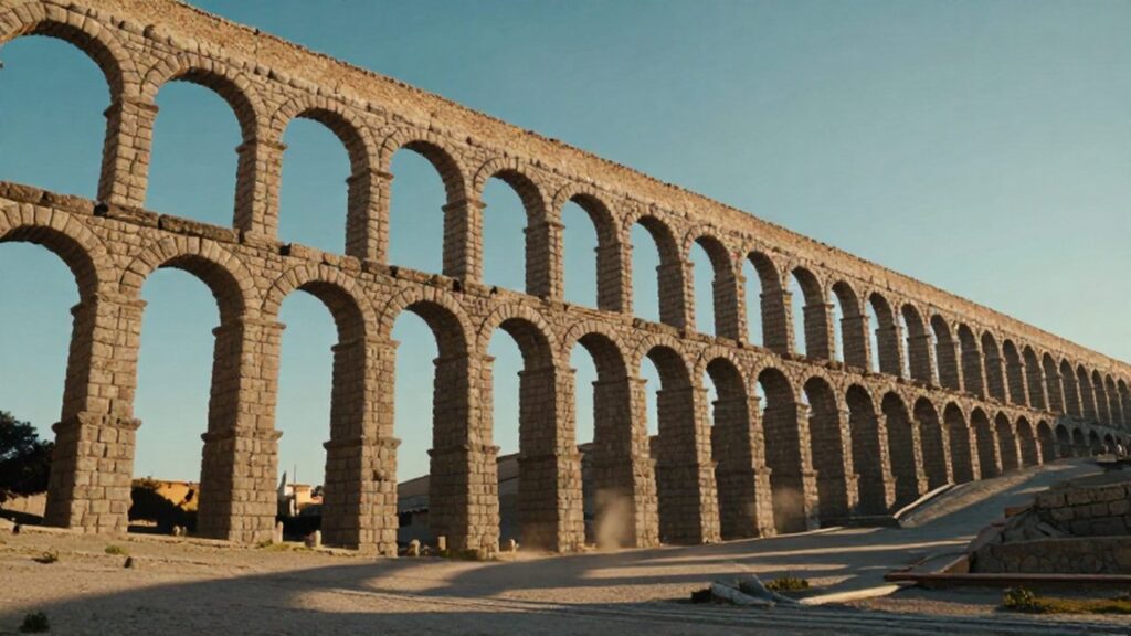 Monumental acueducto romano de piedra con arcos semicirculares que cruza un vasto valle al atardecer.
