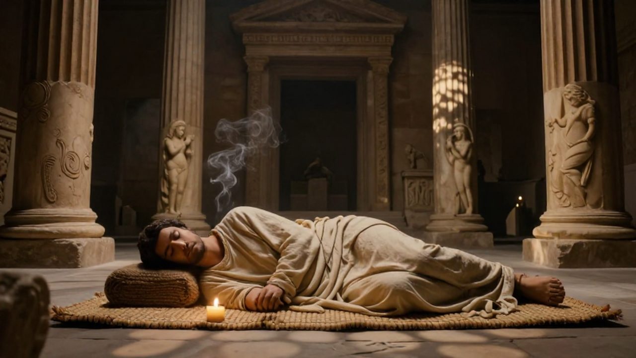 Devoto durmiendo sobre una estera de juncos dentro de un templo grecorromano iluminado por velas.