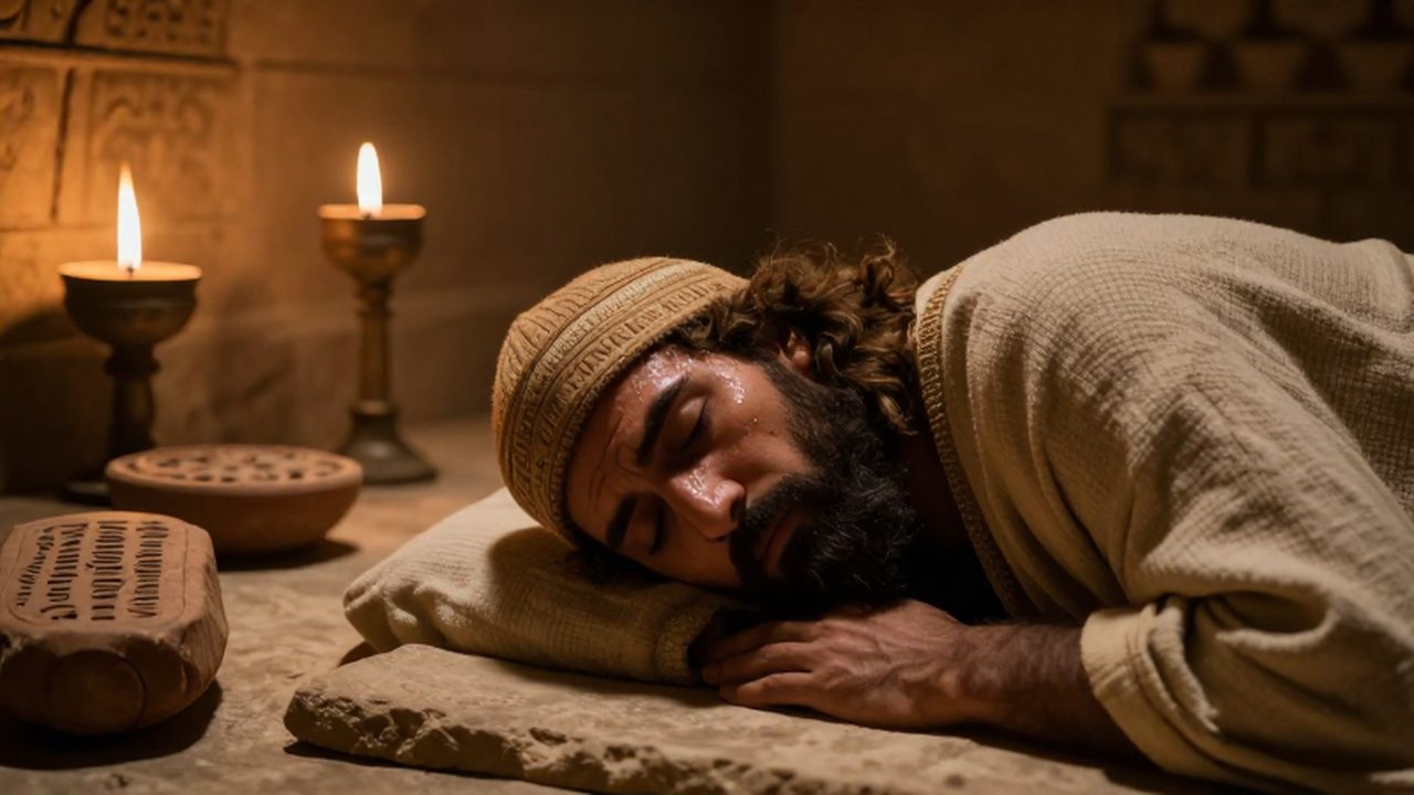 Sacerdote mesopotámico con expresión de angustia duerme sobre una piedra en una cámara iluminada por lámparas de aceite.