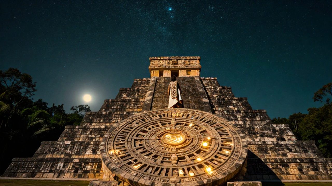 Astrónomo maya observando el cielo estrellado desde la cima de una pirámide de piedra.
