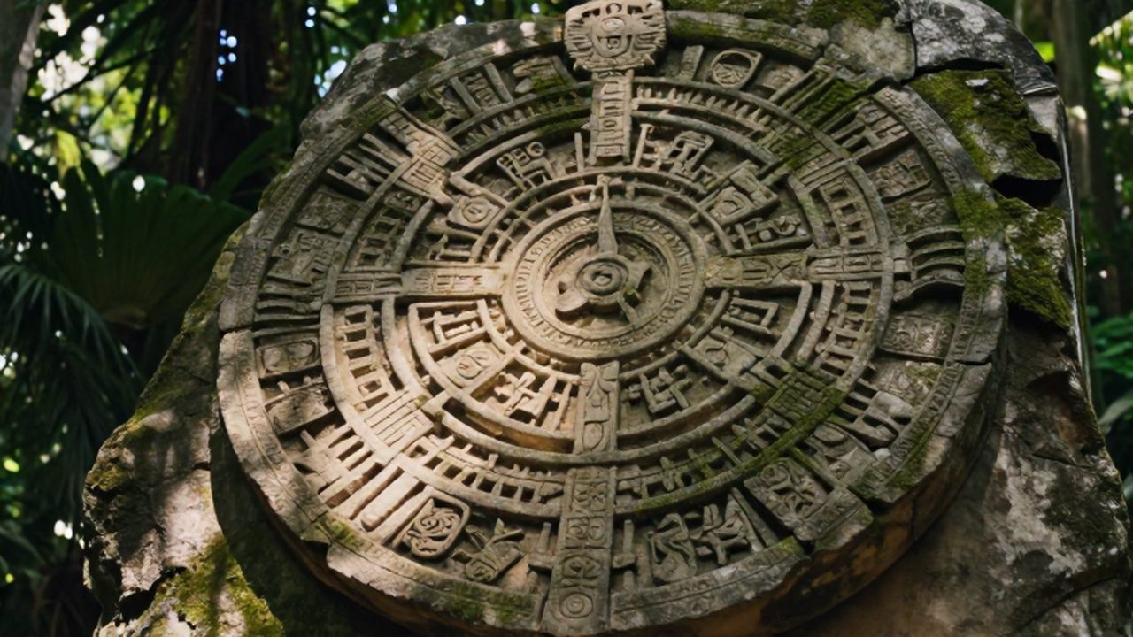 Primer plano de un calendario maya tallado en piedra con musgo bajo la luz del bosque.